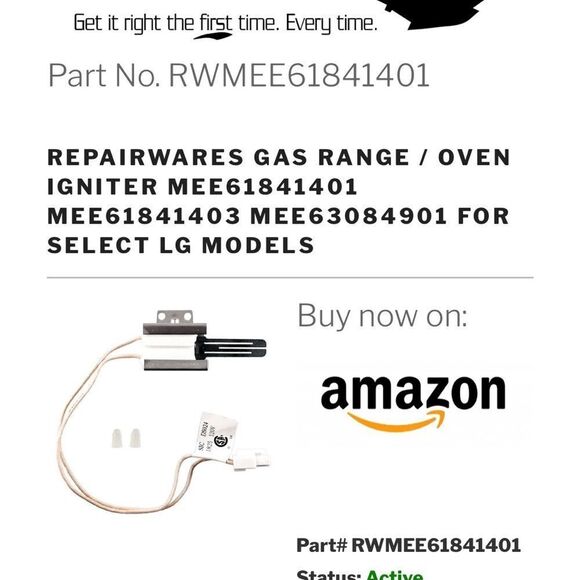 Repairwares Hot Surface Igniter Part #RWMEE61841401 New in Box! - Picture 6 of 13